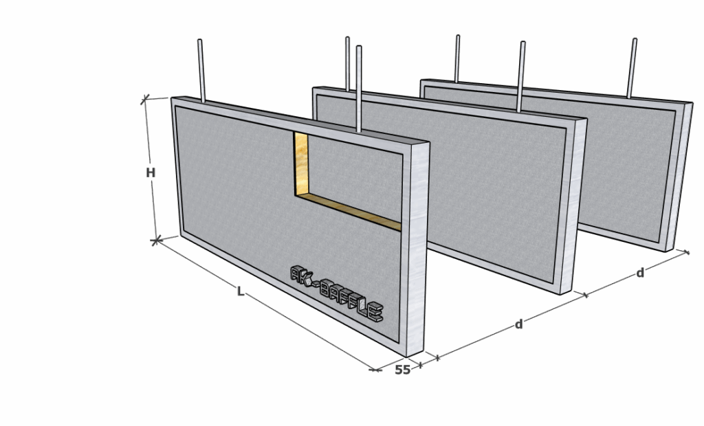 Technical drawing of acoustic baffles used in sports and office projects.