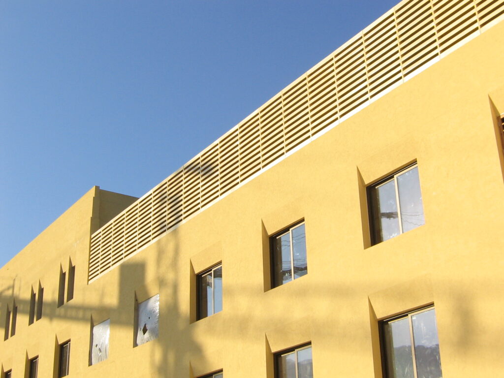 Rooftop acoustic louvers in a luxury Jordan resort, designed for HVAC noise reduction.