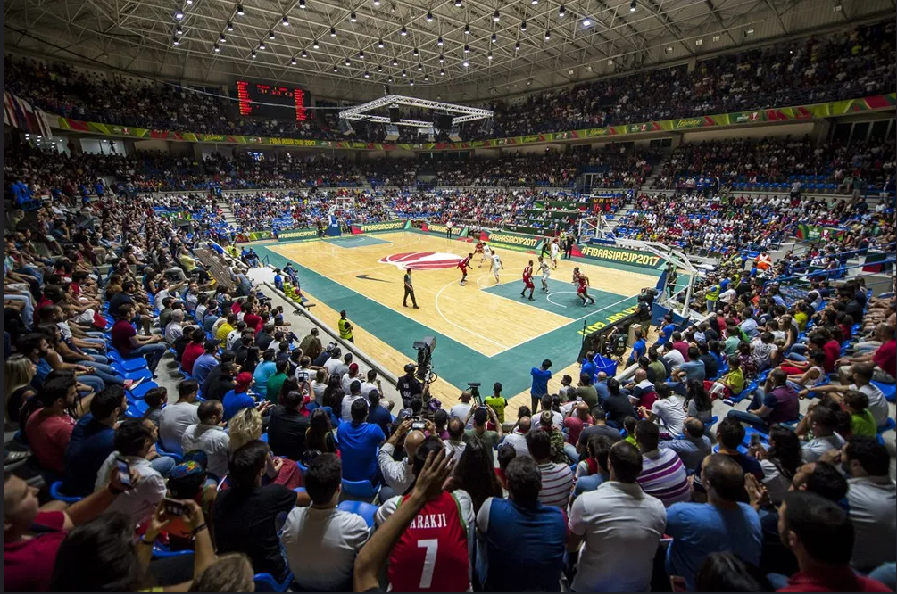 Acoustic baffles installed in Nohad Nawfal International FIBA Stadium in Lebanon.