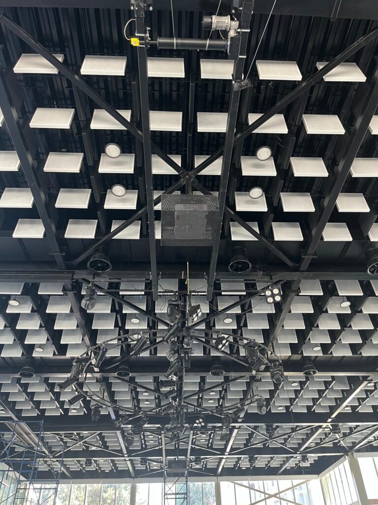 Custom acoustic baffles installed in the basketball court at International College, Ain Aar, Lebanon.