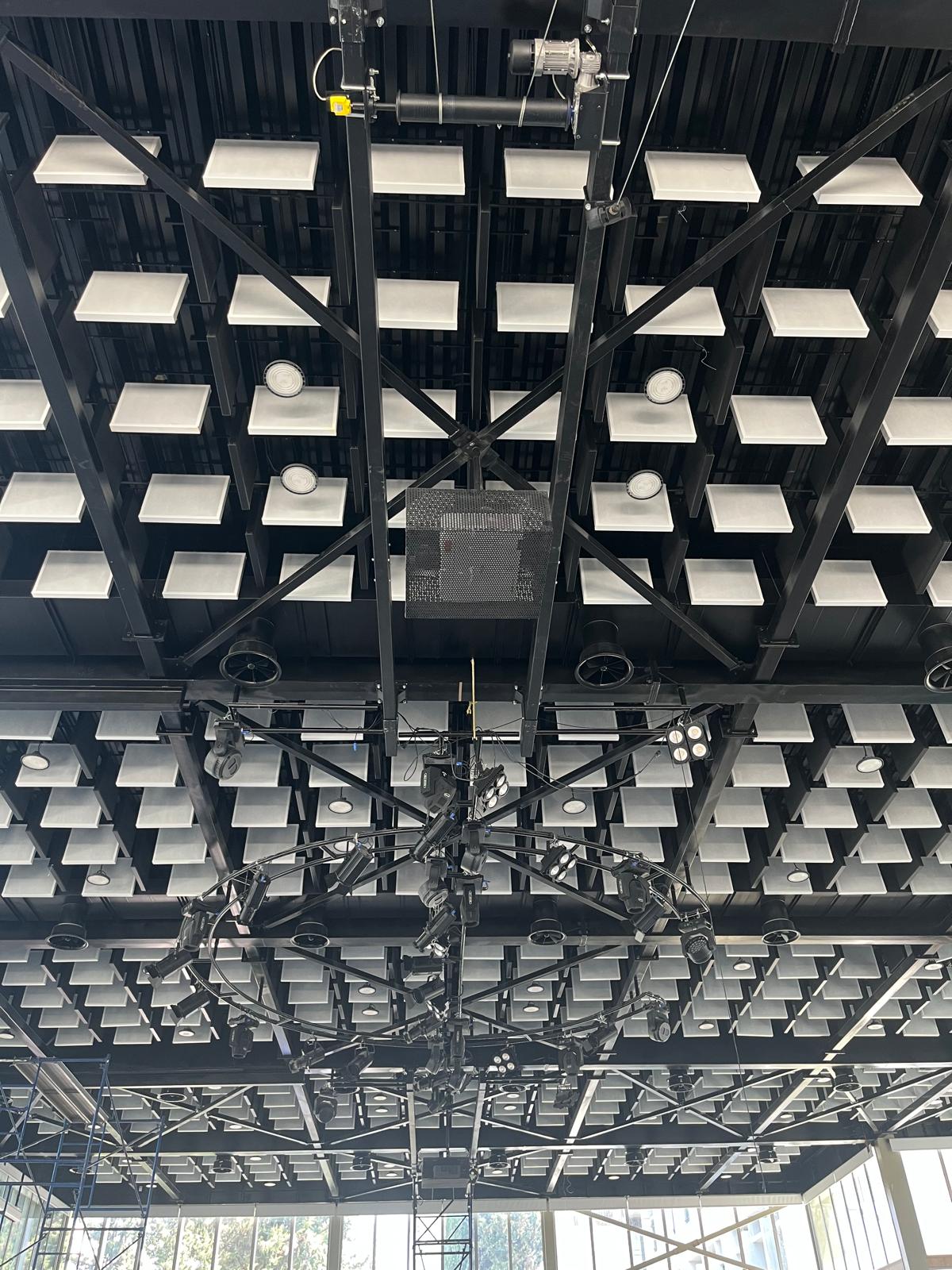 Custom acoustic baffles installed in the basketball court at International College, Ain Aar, Lebanon.