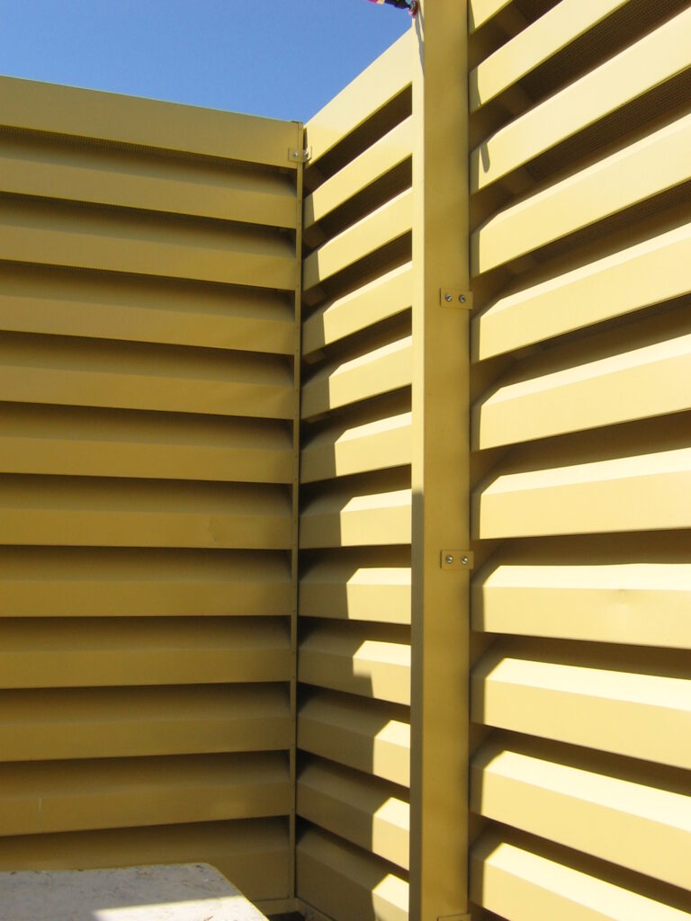 Close-up detail of acoustic louvres installed for rooftop chillers at Kempinski Hotel, Aqaba.
