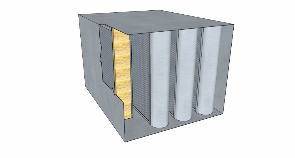 Sound attenuator applied inside a generator room Box-in-Box acoustic system.